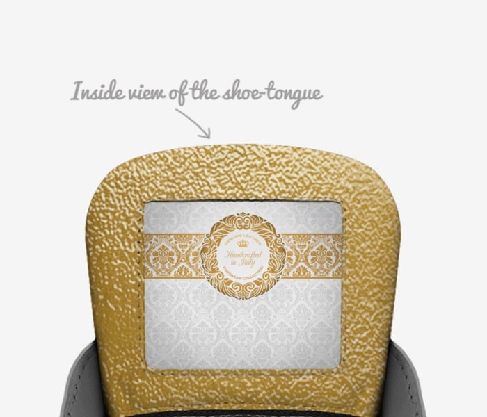 Golden Goddess  custom made in Italy shoes by Christia Diaz | Tongue view