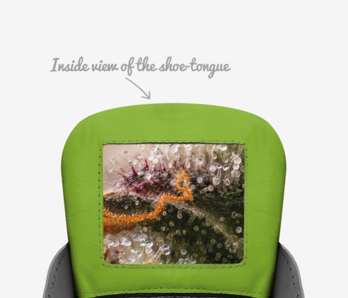 Sweet Terpenes custom made in Italy shoes by Heather Stanley | Tongue view