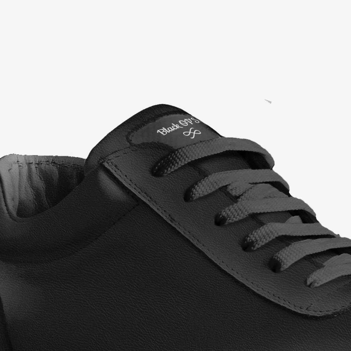 Black OP'S custom made in Italy shoes by Lamar Copeland | Detail view