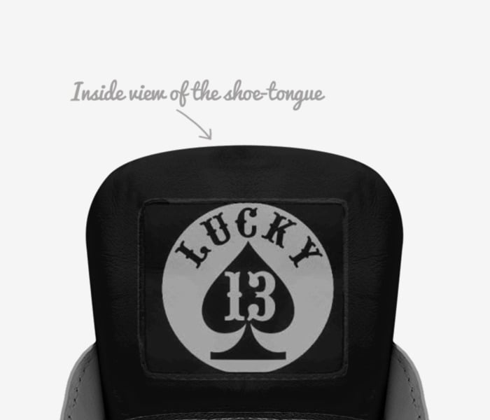 Lucky 13's custom made in Italy shoes by Logan Schefflien | Tongue view