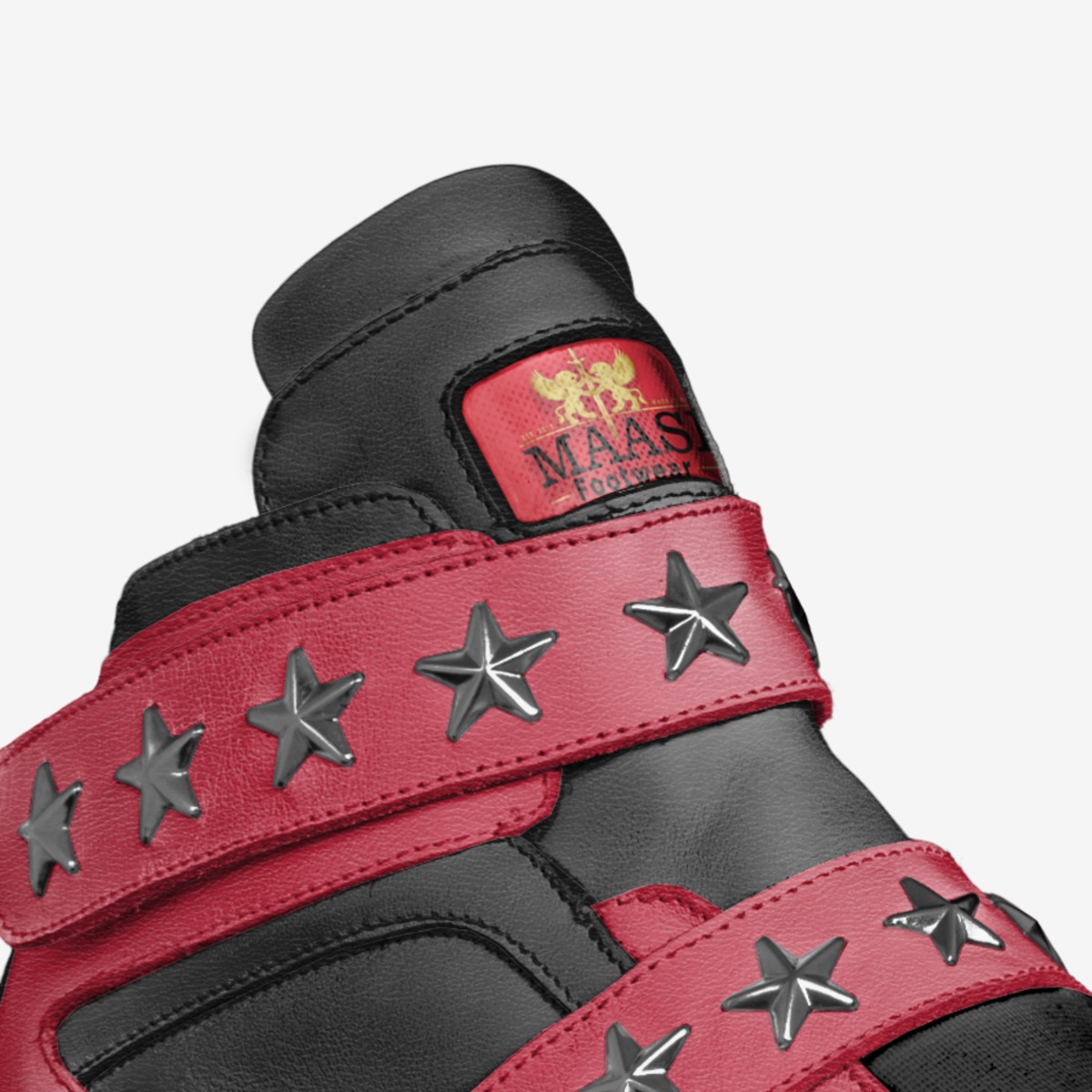 Red & Black custom made in Italy shoes by Maasi Smith | Detail view