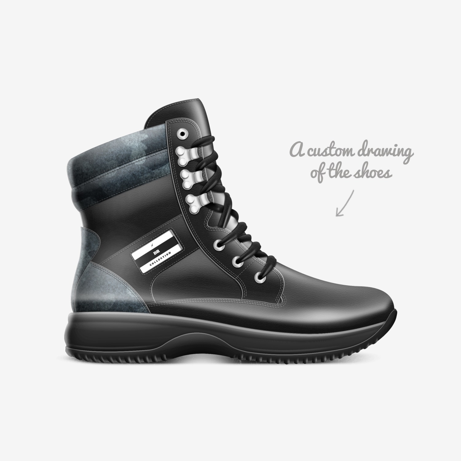 hightop custom made in Italy shoes by Dinero Rápido | Sketch view
