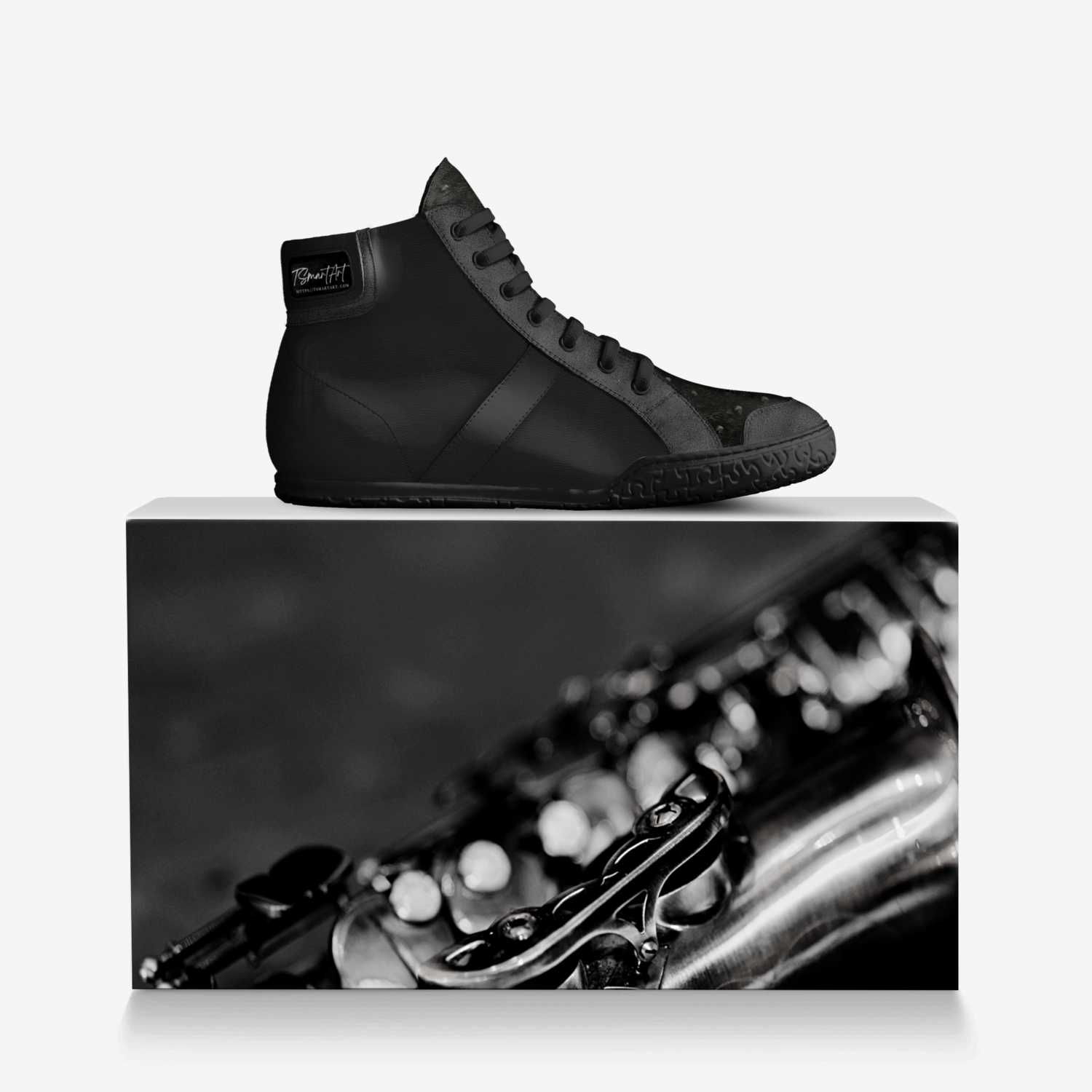 Black Notes custom made in Italy shoes by Tamika S | Over box view
