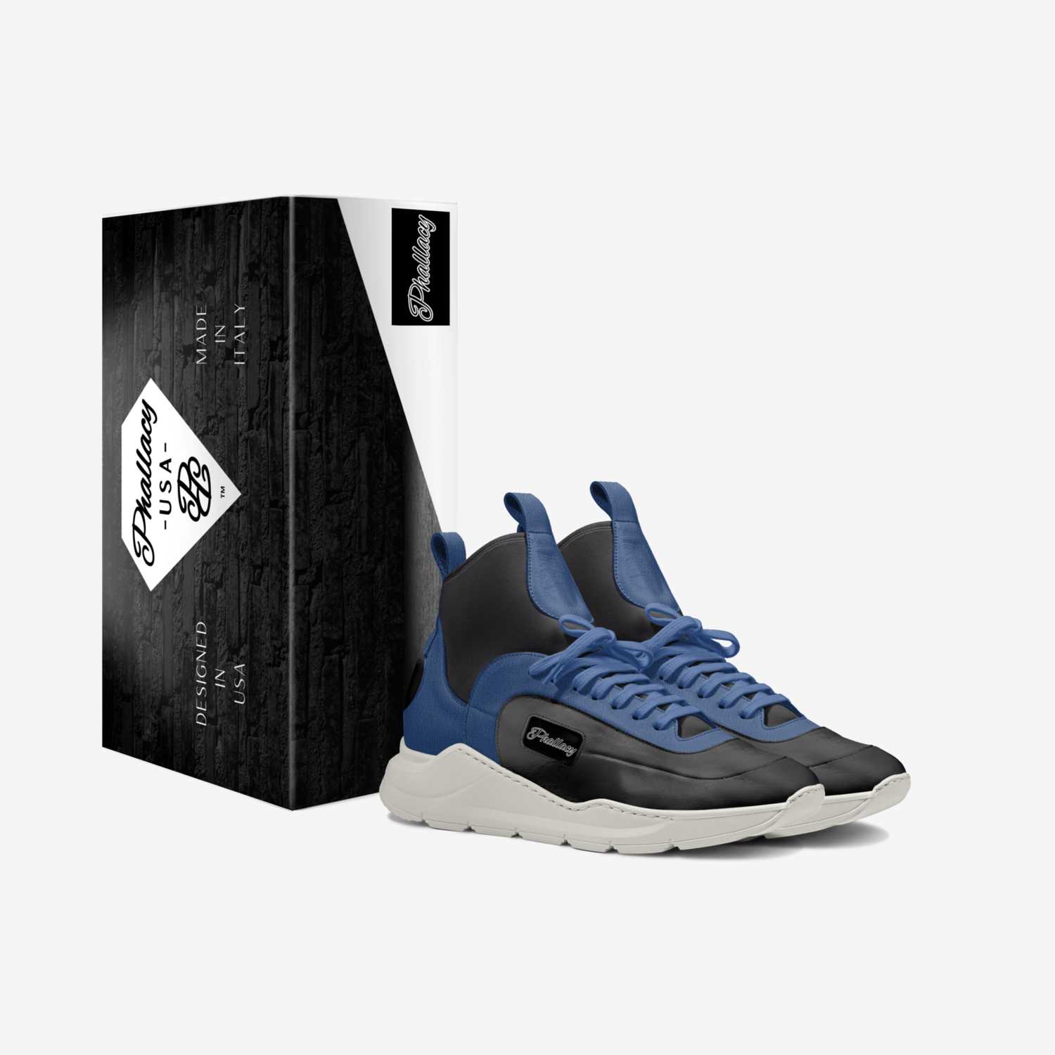 Phallacy Blue 1s  custom made in Italy shoes by Marcus Davis Jr | Box view