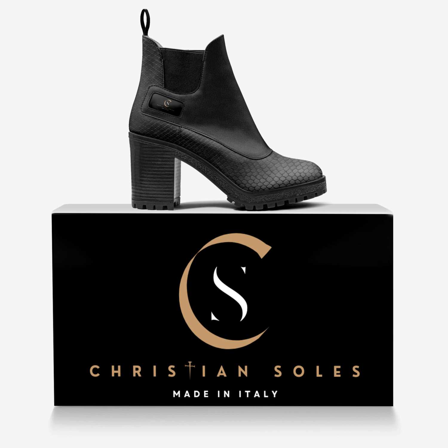 Brigette Boot (Black) custom made in Italy shoes by Christian Soles Collection | Over box view