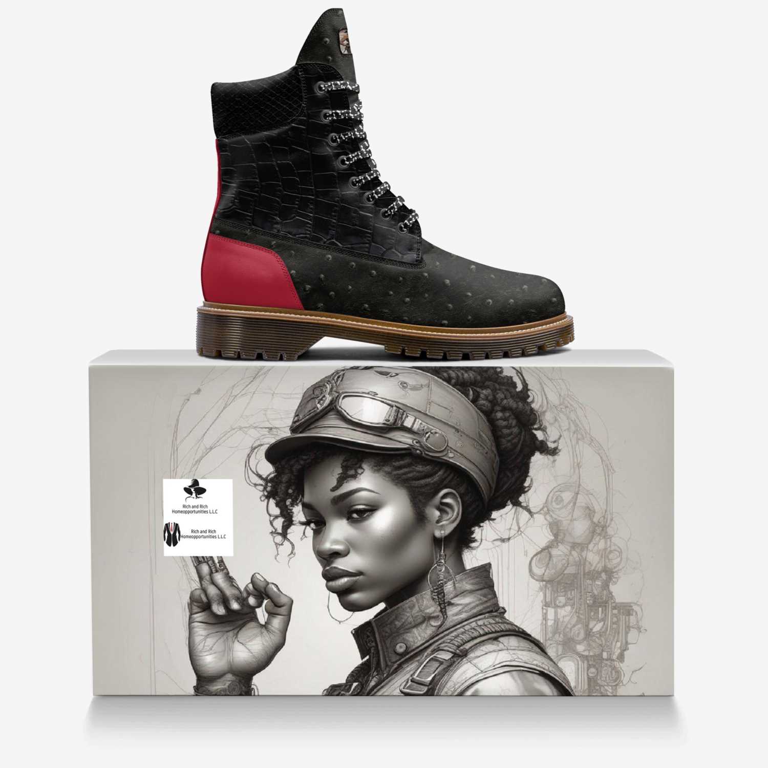 Womensmilitary custom made in Italy shoes by Desiree Sims | Over box view