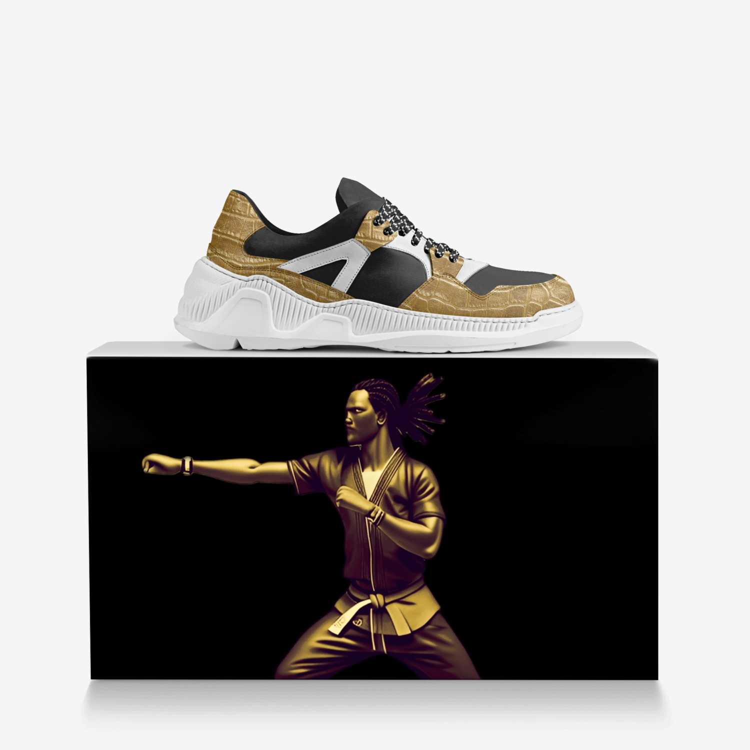 Zen Q Gold 1s custom made in Italy shoes by Deante Steele | Over box view