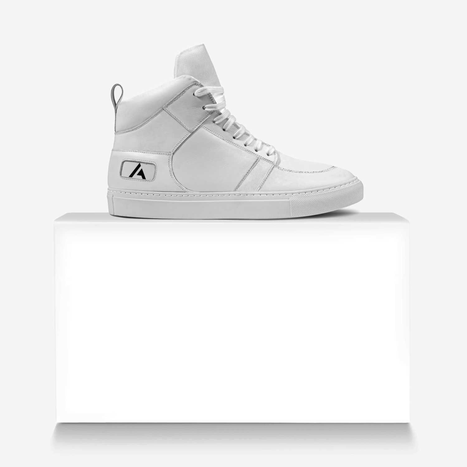 Fresh White Kicks custom made in Italy shoes by Aaron Belyea | Over box view