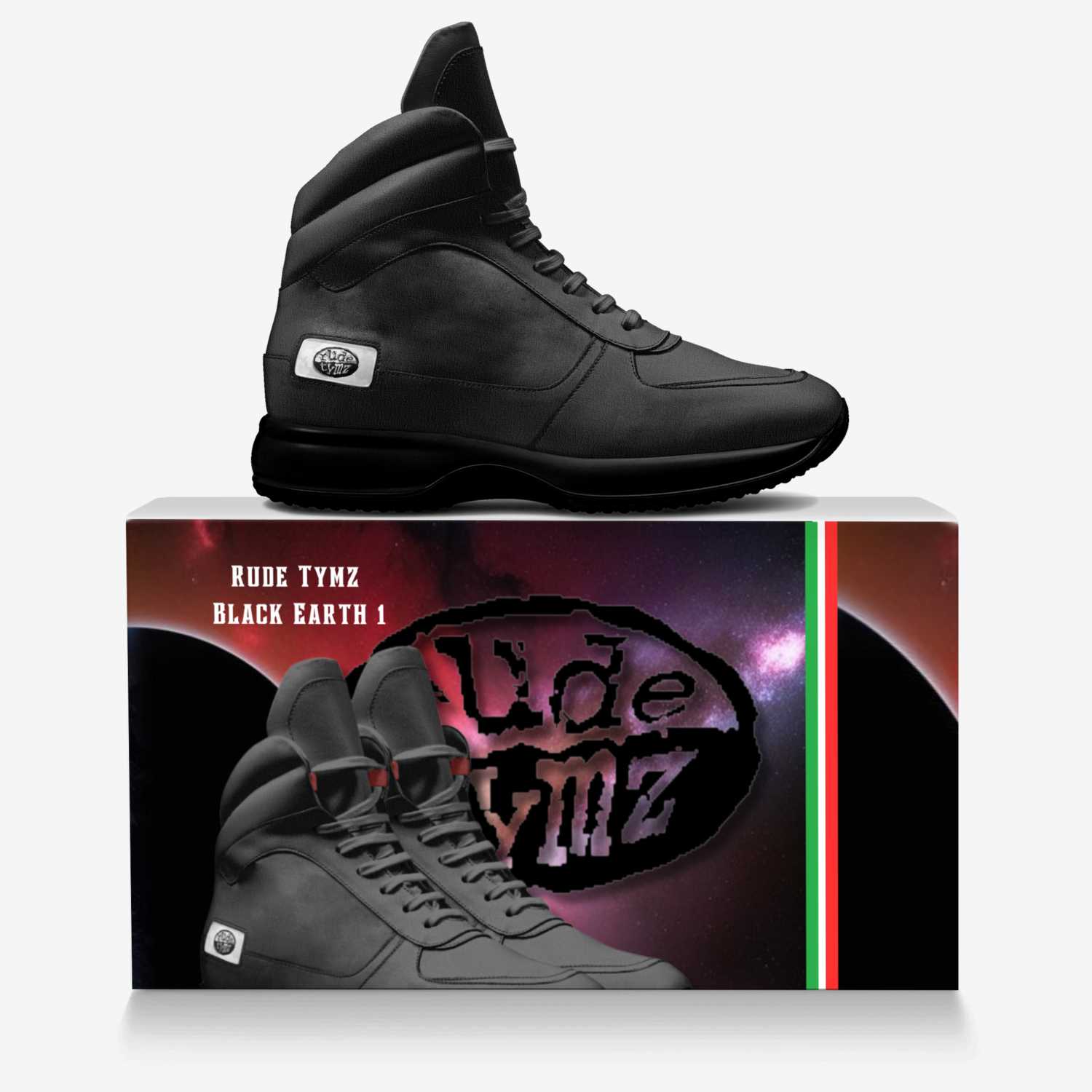 RT Blk Earth Hi To custom made in Italy shoes by Byron Burke Aka Popâ Ur-mää | Over box view